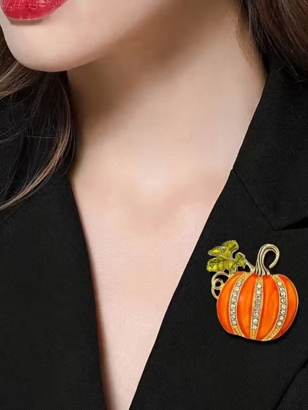 Fashionable Gothic Punk Halloween Pumpkin & Green Top Rhinestone Brooch